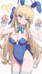 Rule 34 | 1girl, ?, ??, absurdres, animal ears, bare shoulders, blonde hair, blue archive, blue eyes, blue leotard, blue nails, blush, bow, bowtie, breasts, closed mouth, detached collar, earpiece, groin, halo, hands up, highleg, highleg leotard, highres, icetea774, leotard, long hair, looking at viewer, medium breasts, microphone, nail polish, piercing, playboy bunny, rabbit ears, rabbit pose, simple background, solo, thighhighs, toki (blue archive), toki (bunny) (blue archive), very long hair, white background, white thighhighs, wrist cuffs
