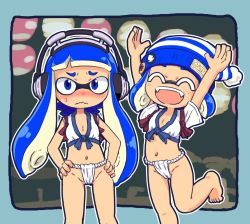 Rule 34 | 2girls, ^ ^, arms up, badge, bare legs, barefoot, blue eyes, blue hair, bobble-chan (splatoon), bobblehat, breasts, button badge, cameltoe, closed eyes, closed mouth, fangs, frown, fundoshi, furrowed brow, groin, hands on own hips, headphone-chan (splatoon), headphones, highres, ikaheigen, inkling, inkling girl, inkling player character, japanese clothes, lantern, leg up, long hair, multiple girls, navel, nintendo, outline, paper lantern, short hair, short sleeves, small breasts, splatoon (manga), splatoon (series), striped clothes, striped headwear, suction cups, teeth, tentacle hair, wavy mouth, white outline