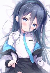 Rule 34 | 1girl, absurdly long hair, amedamacon, aris (blue archive), bed sheet, black hair, black skirt, blue archive, blue eyes, blue halo, blue jacket, blue necktie, blush, closed mouth, collared shirt, cowboy shot, halo, highres, jacket, long hair, long sleeves, looking at viewer, necktie, pleated skirt, shirt, skirt, smile, solo, two-sided fabric, two-sided jacket, very long hair, white shirt