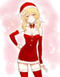 Rule 34 | 1girl, alternate costume, blonde hair, blush, bow, bowtie, breasts, cleavage, closed mouth, detached collar, detached sleeves, dress, flower, fur-trimmed dress, fur-trimmed legwear, fur trim, genshin impact, hair between eyes, hair flower, hair ornament, hand on own hip, hat, lumine (genshin impact), medium breasts, orange eyes, santa costume, santa hat, sbs, short hair with long locks, simple background, snowflakes, solo, thighhighs, white flower