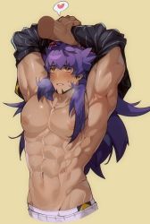 Rule 34 | 1boy, abs, alternate pectoral size, armpits, assisted exposure, bare pectorals, black shirt, blush, chariko, creatures (company), facial hair, game freak, goatee, groin, heart, inverted nipples, large pectorals, leon (pokemon), long hair, male focus, muscular, navel, nintendo, nipples, pectorals, pokemon, pokemon swsh, purple hair, shiny skin, shirt, shorts, simple background, solo focus, spoken heart, sweatdrop, undressing, undressing another, white legwear, white shorts