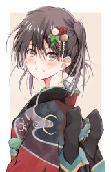 Rule 34 | 1girl, absurdres, alternate costume, black hair, black kimono, brown background, brown eyes, commentary request, dairyo3, furisode, hair ornament, highres, japanese clothes, kantai collection, kimono, looking at viewer, parted lips, sendai (kancolle), short hair, smile, solo, two-tone background, two side up, upper body