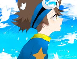 Rule 34 | 1boy, animal, bird, blue shirt, blue sky, blush, brown hair, cloud, copyright name, dated, day, digimon, from side, goggles, goggles on head, hair between eyes, hei tai (kyaputen1), male focus, medium hair, pointy nose, profile, shirt, sky, solo, tearing up, tears, upper body, visor cap, yagami taichi, yellow eyes