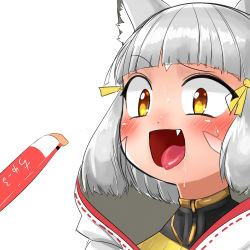 Rule 34 | 1girl, animal ear fluff, animal ears, blunt bangs, blush, bodysuit, cat ears, drooling, excited, fangs, grey hair, hair ornament, highres, nia (xenoblade), nintendo, open mouth, phallic symbol, ribbon, saliva, scarf, short hair, solo, tongue, tongue out, white background, xenoblade chronicles (series), xenoblade chronicles 2, yellow eyes, yellow ribbon