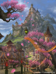 Rule 34 | castle, cherry blossoms, highres, kazumasa uchio, lantern, mountain, no humans, petals, scenery, stairs, tenkuu no crystalia, uchio kazumasa, water, waterfall