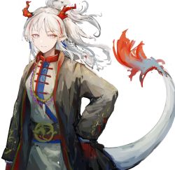Rule 34 | 1girl, alternate costume, arknights, arm tattoo, black coat, braid, coat, colored skin, dragon girl, dragon horns, dragon tail, ear piercing, earrings, flame-tipped tail, highres, horns, jewelry, lch, looking at viewer, multicolored hair, nian (arknights), open clothes, open coat, parted lips, piercing, pointy ears, ponytail, purple eyes, red hair, red skin, shirt, simple background, solo, streaked hair, tail, tassel, tassel earrings, tattoo, upper body, white background, white hair, white shirt