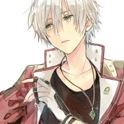 Rule 34 | 1boy, atelier (series), atelier escha &amp; logy, black gloves, black shirt, fingerless gloves, fingernails, gloves, grey hair, hair between eyes, hand up, hani (udauda), jacket, jewelry, logix ficsario, looking to the side, male focus, open clothes, open jacket, parted lips, pendant, red jacket, shirt, short hair, simple background, solo, two-tone gloves, white background, white gloves, yellow eyes