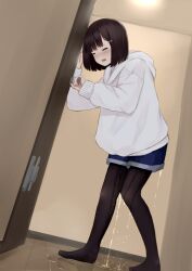 Rule 34 | 1girl, ^ ^, black pantyhose, blue shorts, blush, bob cut, brown hair, closed eyes, door, embarrassed, female focus, full body, hands up, highres, hood, hood down, hooded sweater, indoors, kanekan, knees together feet apart, leaning forward, long sleeves, nose blush, open mouth, original, pantyhose, pee, peeing, peeing self, puddle, raised eyebrows, short hair, short shorts, shorts, sidelocks, solo, standing, sweat, sweater, tears, white sweater, wooden floor