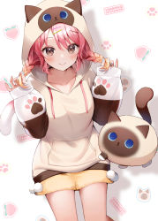 Rule 34 | 1girl, animal, animal ears, animal hood, blue eyes, braid, breasts, brown eyes, brown hair, brown hoodie, cat, cat ears, cat hood, cat tail, closed mouth, collarbone, commentary request, copyright request, fake animal ears, gradient hair, hair ornament, hairclip, hands up, highres, hood, hood up, hoodie, long hair, long sleeves, medium breasts, momoshiki tsubaki, multicolored hair, pink hair, puffy long sleeves, puffy sleeves, short shorts, shorts, sleeves past wrists, smile, solo, tail, twin braids, virtual youtuber, white background, yellow shorts