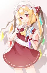 Rule 34 | 1girl, ascot, bad id, bad pixiv id, blonde hair, blush, bow, closed mouth, clothing cutout, cowboy shot, crystal, drop shadow, fang, flandre scarlet, flat chest, frills, hand up, hands up, hat, hat bow, highres, holding, leaning to the side, looking at viewer, mob cap, one side up, red bow, red eyes, red skirt, red vest, shoulder cutout, skin fang, skirt, smile, solo, suikario, touhou, vest, white hat, wings, wrist cuffs, yellow ascot