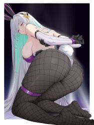 Rule 34 | 1girl, absurdres, animal ears, arms behind back, ass, azur lane, bare shoulders, black gloves, breasts, fake animal ears, fishnet pantyhose, fishnets, genera-x, gloves, highres, kearsarge (all night charge) (azur lane), kearsarge (azur lane), large breasts, leotard, long hair, looking at viewer, looking back, multicolored leotard, official alternate costume, pantyhose, playboy bunny, purple eyes, strapless, strapless leotard, two-tone leotard, very long hair, white hair, white leotard