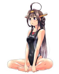 Rule 34 | 1girl, absurdres, ahoge, barefoot, black one-piece swimsuit, breasts, brown hair, character name, chestnut mouth, collarbone, commentary, competition swimsuit, covered navel, double bun, full body, grey eyes, hairband, headgear, highres, indian style, kantai collection, kongou (kancolle), long hair, one-piece swimsuit, simple background, sitting, small breasts, solo, swimsuit, tennouji masamichi, white background