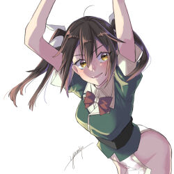 Rule 34 | 1girl, arms up, belt, black belt, bow, bowtie, brown eyes, green jacket, hair ribbon, highres, jacket, kantai collection, long hair, looking afar, no panties, pelvic curtain, red bow, red bowtie, ribbon, signature, simple background, smile, solo, tone (kancolle), twintails, white background, white ribbon, yami (m31)