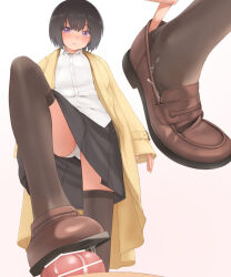 Rule 34 | 1boy, 1girl, after ejaculation, bar censor, black hair, black skirt, black thighhighs, brown coat, brown footwear, censored, closed mouth, coat, commentary request, commission, cum, cum on body, cum on clothes, cum on feet, foot out of frame, footwear focus, foreshortening, gradient background, grey background, hetero, highres, loafers, long sleeves, looking at viewer, maa (maa1), medium hair, multiple views, original, paid reward available, panties, penis, pink background, pixiv commission, purple eyes, putting on shoes, shirt, shoejob, shoes, skirt, sleeves past wrists, standing, standing on one leg, stepped on, thighhighs, underwear, white panties, white shirt