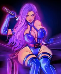 Rule 34 | 1girl, adapted costume, artist request, ass, bad anatomy, black hair, black leotard, breasts, cleavage cutout, clothing cutout, curvy, glowing, highleg, highleg leotard, highres, impossible clothes, impossible leotard, katana, large breasts, legs apart, leotard, lips, long hair, looking to the side, marvel, psylocke, red sash, sash, shiny skin, sitting, smile, solo, standing, sword, thong leotard, very long hair, weapon, wide hips, x-men