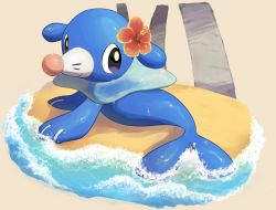 Rule 34 | closed mouth, commentary, creatures (company), flower, full body, game freak, gen 7 pokemon, highres, looking back, nintendo, nullma, pokemon, pokemon (creature), popplio, sand, shore, smile, solo, water, wet