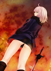 Rule 34 | 1girl, ahoge, ass, black dress, black panties, boots, coat, dress, fate/grand order, fate (series), fire, fur-trimmed coat, fur collar, fur trim, jeanne d&#039;arc (fate), jeanne d&#039;arc alter (fate), jeanne d&#039;arc alter (ver. shinjuku 1999) (fate), knee boots, looking at viewer, looking back, nonaka ritsu, official alternate costume, open clothes, open coat, panties, pantyshot, short dress, silver hair, solo, standing, sword, thong, underwear, upskirt, weapon, wicked dragon witch ver. shinjuku 1999, yellow eyes