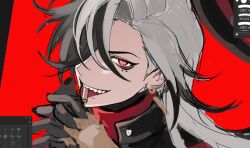 Rule 34 | 0 0himawa, 1boy, boothill (honkai: star rail), bullet, close-up, collared jacket, grey hair, hair over one eye, holding, holding bullet, honkai: star rail, honkai (series), jacket, long hair, looking at viewer, male focus, mole, mole under eye, multicolored hair, red background, red eyes, sharp teeth, simple background, smirk, solo, teeth, tongue, tongue out, two-tone hair, unfinished