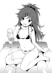 Rule 34 | 1girl, bare arms, bare shoulders, barefoot, bikini, blush, breasts, chigusa asuha, collarbone, commentary request, fang, feet, frilled bikini, frills, full body, greyscale, hair ornament, hair scrunchie, hairclip, head tilt, holding, inflatable raft, long hair, looking at viewer, lotion bottle, maid, maid bikini, monochrome, navel, open mouth, ponytail, qualidea code, scrunchie, sekiya asami, simple background, sitting, small breasts, solo, stomach, swimsuit, thighs, toes, unconventional maid, v-shaped eyebrows, white background, yokozuwari
