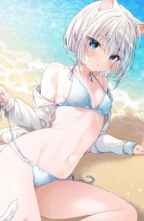Rule 34 | 1girl, :&lt;, animal ear fluff, animal ears, arm support, bare shoulders, bikini, blue bikini, blue eyes, blush, breasts, cat ears, cat girl, cat tail, closed mouth, collarbone, day, grey jacket, halterneck, highres, jacket, long sleeves, lying, mafuyu (chibi21), navel, off shoulder, on ground, on side, open clothes, open jacket, original, outdoors, sand, short hair, side-tie bikini bottom, silver hair, small breasts, solo, stomach, string bikini, swimsuit, tail, untied bikini, water