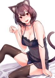 Rule 34 | 1girl, :d, absurdres, animal ear fluff, animal ears, bed sheet, black nails, black thighhighs, blue bra, blue panties, blush, bra, breasts, brown hair, cat ears, cat tail, choker, cleavage, collarbone, dabadhi, fangs, garter belt, hair between eyes, highres, large breasts, lingerie, looking at viewer, medium hair, nail polish, negligee, off shoulder, open mouth, original, panties, red eyes, see-through, shiny skin, simple background, sitting, smile, solo, tail, thighhighs, underwear, underwear only, white background
