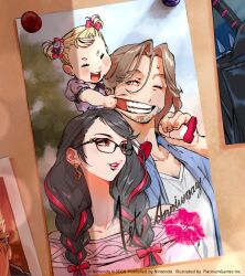 Rule 34 | 1boy, 2girls, anniversary, bayonetta, bayonetta (series), bayonetta 3, black hair, blonde hair, braid, brown hair, character request, commentary, curie baek, dress, earrings, english commentary, english text, family, glasses, hair ribbon, happy, jewelry, long hair, looking at another, multicolored hair, multiple girls, official art, photo (object), pink hair, pink ribbon, pink sweater, ribbon, short hair, smile, streaked hair, sweater, third-party source, twin braids, two-tone hair
