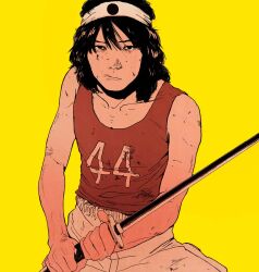 Rule 34 | 1boy, black eyes, canaco014, collarbone, fighting stance, flat color, hachimaki, hair between eyes, headband, holding, holding sword, holding weapon, katana, limited palette, looking at viewer, male focus, medium hair, messy hair, nose, ootomo katsuhiro (style), original, pants, realistic, screentones, shirt tucked in, solo, sword, tank top, weapon, yellow background