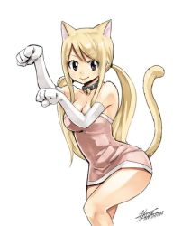Rule 34 | 1girl, animal ears, blonde hair, breasts, fairy tail, fake animal ears, female focus, hair between eyes, happy, large breasts, long hair, looking at viewer, lucy heartfilia, mashima hiro, official art, shiny skin, simple background, solo, tail