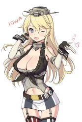 Rule 34 | 10s, 1girl, ;d, bad id, bad pixiv id, blonde hair, blush, breasts, cleavage, clothes writing, cnm, elbow gloves, garter straps, gloves, heart, iowa (kancolle), kantai collection, large breasts, long hair, looking at viewer, miniskirt, one eye closed, open mouth, simple background, skirt, smile, solo, star-shaped pupils, star (symbol), symbol-shaped pupils, thighhighs, white background, wrist cuffs, zettai ryouiki