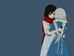 Rule 34 | 2girls, aaniko, apron, black eyes, black hair, blue background, closed mouth, commentary, dress, facing another, facing away, feet out of frame, frilled apron, frills, fringe trim, from behind, hair between eyes, hand on another&#039;s shoulder, holding, holding knife, hug, kagerou project, kitchen knife, knife, kozakura marry, long hair, looking at another, multiple girls, neck ribbon, official alternate costume, puffy short sleeves, puffy sleeves, red ribbon, red scarf, ribbon, scarf, short hair, short sleeves, simple background, sleeves past elbows, tateyama ayano, unbuttoned sleeves, white apron, white dress, white hair