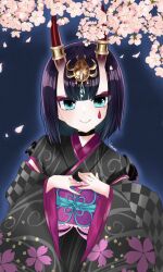 Rule 34 | 1girl, absurdres, aqua eyes, black choker, black kimono, blush, bob cut, cherry blossoms, choker, eyeliner, fate/grand order, fate (series), hands on own chest, headpiece, highres, horn ornament, horn ring, horns, japanese clothes, kimono, looking at viewer, makeup, obi, oni, purple hair, sash, short hair, shuten douji (fate), shuten douji (lostroom outfit) (fate), skin-covered horns, smile, solo, teardrop facial mark, upper body, yamuimo