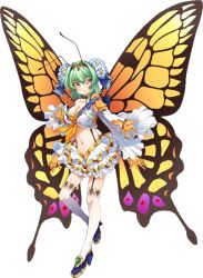 Rule 34 | ancient greek clothes, antennae, artist request, breasts, butterfly girl, chiton, cleavage, compound eyes, detached sleeves, extra arms, flare (monster musume), full body, garter straps, green hair, high heels, insect wings, large breasts, medium hair, midriff, monster musume no iru nichijou, monster musume no iru nichijou online, navel, official art, solo, thighhighs, transparent background, wings, yellow eyes