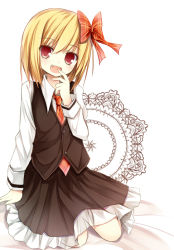 1girl alternate_headwear bow fang female_focus hair_bow hand_to_own_mouth long_sleeves looking_at_viewer necktie open_mouth red_eyes red_necktie rumia shirt sitting skirt skirt_set smile solo touhou vest yuuhagi_(amaretto-no-natsu)