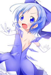 Rule 34 | 1girl, adapted costume, back, backless outfit, bad proportions, bare shoulders, blue dress, blue eyes, blue hair, blush, bow, cirno, detached wings, dress, elbow gloves, fang, gloves, hair bow, highres, ice, ice wings, jewelry, looking at viewer, looking back, makuran, matching hair/eyes, open mouth, outstretched arms, ring, simple background, smile, solo, strapless, strapless dress, touhou, v, white background, white gloves, wings