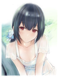 Rule 34 | 1girl, black hair, blue flower, blush, breasts, cleavage, closed mouth, collarbone, dress, flower, frilled dress, frills, grass, hair flower, hair ornament, idolmaster, idolmaster shiny colors, leaning forward, looking at viewer, morino rinze, nannacy7, outdoors, red eyes, see-through, see-through sleeves, short hair, short sleeves, small breasts, smile, solo, tree, upper body, wet, wet clothes, white dress