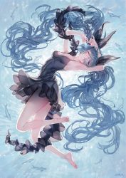 Rule 34 | 1girl, absurdres, arched back, armpits, arms up, artist name, backlighting, bare legs, barefoot, black dress, black ribbon, blue eyes, blue hair, blush, breasts, dress, fish, full body, hair ribbon, hatsune miku, highres, long hair, looking at viewer, one eye closed, oohhya, parted lips, ribbon, shinkai shoujo (vocaloid), sleeveless, sleeveless dress, small breasts, solo, strap gap, twintails, underwater, very long hair, vocaloid