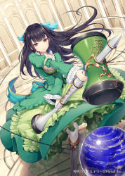 Rule 34 | 1girl, akkijin, black hair, blush, boots, brown eyes, closed mouth, dress, eyebrows, frilled dress, frilled skirt, frills, green dress, hair ornament, hammer, kendama, knee boots, long hair, looking at viewer, official art, puffy sleeves, ribbon, shinkai no valkyrie, skirt, smile, solo