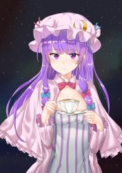 Rule 34 | 1girl, absurdres, blue bow, blue ribbon, blunt bangs, bonnet, bow, bowtie, capelet, closed mouth, coat, crescent, crescent hair ornament, cup, dress, eyebrows, frilled capelet, frills, hair bow, hair ornament, hair ribbon, hat, hat ribbon, highres, long hair, mob cap, patchouli knowledge, pink coat, pink hat, plate, purple dress, purple eyes, purple hair, red bow, red bowtie, red ribbon, ribbon, siraele, sky, solo, star (sky), starry sky, striped clothes, striped dress, teacup, touhou, tress ribbon, upper body