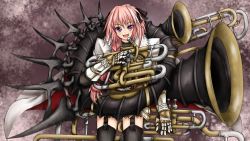 Rule 34 | 1boy, armor, astolfo (fate), black ribbon, black thighhighs, braid, cape, fang, fate/apocrypha, fate/stay night, fate (series), faulds, fur trim, garter straps, gauntlets, hair ribbon, highres, holding, horn (instrument), hozenkakari, instrument, long hair, looking at viewer, male focus, open mouth, pink hair, purple eyes, ribbon, side braid, simple background, single braid, skeleton, skirt, smile, solo, thighhighs, trap