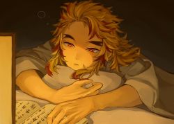 Rule 34 | 1boy, aged down, bed sheet, blanket, blonde hair, book, child, forked eyebrows, highres, hugging object, japanese clothes, kimetsu no yaiba, lantern, long sleeves, lying, male focus, multicolored hair, night, on bed, on stomach, open book, paper lantern, pillow, pillow hug, reading, red eyes, red hair, rengoku0930, rengoku kyoujurou, sidelocks, sleeping, solo, streaked hair, studying, under covers, yellow eyes