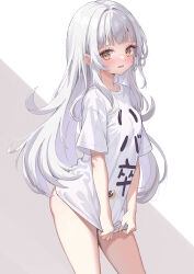 Rule 34 | 1girl, absurdres, blush, breasts, clothes writing, commentary request, cowboy shot, grey background, grey hair, hair down, highres, hololive, long hair, looking at viewer, murasaki shion, no pants, oniku (o29sukizero), parted lips, shirt, shirt tug, short eyebrows, short sleeves, small breasts, solo, standing, t-shirt, translation request, two-tone background, virtual youtuber, white background, white shirt, yellow eyes