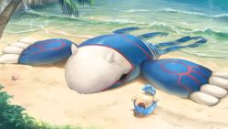 Rule 34 | :d, ^ ^, berry (pokemon), closed eyes, commentary request, creatures (company), day, fangs, game freak, gen 3 pokemon, highres, jigumo (6zzyag), kyogre, legendary pokemon, lying, nintendo, no humans, on back, open mouth, outdoors, palm tree, pokemon, pokemon (creature), sand, shore, smile, spheal, tongue, tree, water