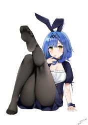 Rule 34 | 1girl, absurdres, azur lane, blue hair, blush, breasts, cleavage, feet, finger to mouth, highres, leg up, long hair, looking at viewer, medium breasts, nautilus (azur lane), pantyhose, rabbit ears, soles, solo, toes, yellow eyes