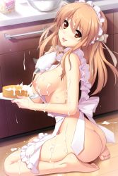 Rule 34 | 1girl, apron, ass, barefoot, blush, breasts, brown eyes, brown hair, butt crack, cake, cream, feet, fingernails, food, hatsukoi 1/1, highres, holding, icing, kneeling, koizumi amane, large breasts, legs, long hair, looking back, maid headdress, morino yukino, naked apron, nipples, pastry bag, scan, sitting, soles, solo, suggestive fluid, thighs, toes, tongue, tongue out, wariza