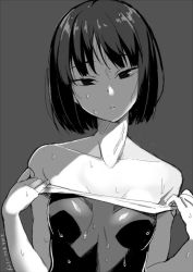 Rule 34 | 1girl, 2016, bare shoulders, character request, clothes pull, dated, gin (ginshari), grey background, greyscale, looking at viewer, monochrome, off shoulder, one-piece swimsuit, one-piece swimsuit pull, one eye closed, short hair, simple background, solo, swimsuit, wet, wet clothes, wet hair, wet swimsuit