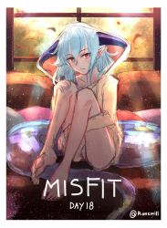 Rule 34 | 1girl, absurdres, blue hair, border, closed mouth, commentary, english commentary, highres, horns, long sleeves, long tail, looking at viewer, medium hair, panties, pointy ears, red eyes, runemill, shadowverse, sitting, solo, sweater, tail, twitter username, underwear, white border, white panties, whitefrost dragonewt filene, yellow sweater