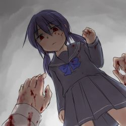 Rule 34 | 2girls, aosora (mizore), blood, blood on clothes, blood on face, blue bow, bow, closed mouth, jc-chan, jk-chan, long sleeves, multiple girls, original, purple hair, red eyes, school uniform, serafuku, solo, twintails, yandere