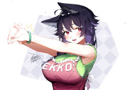 Rule 34 | 1girl, ahoge, animal ears, apron, bare arms, black hair, bracelet, braid, breasts, character name, ejami, ekko (ejami), fox ears, fox girl, frilled apron, frills, green shirt, hair over shoulder, highres, jewelry, large breasts, long hair, looking at viewer, mature female, open mouth, original, pink apron, red eyes, shirt, short sleeves, signature, simple background, smile, solo, stretching, upper body, v-neck