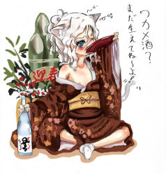 Rule 34 | alcohol, animal ears, blue eyes, blush, cat ears, cat tail, drinking, drunk, flat chest, flower, japanese clothes, lefty10, nipple slip, nipples, no bra, off shoulder, one eye closed, open clothes, sake, sitting, socks, solo, tabi, tail, translation request, white hair, wink