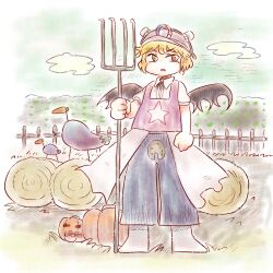 Rule 34 | 1other, androgynous, blonde hair, blue pants, brown eyes, chikafumikou, collared shirt, day, eggplant, farm, full body, grey headwear, hay bale, helmet, holding, holding pitchfork, jack-o&#039;-lantern, len&#039;en, lowres, magnet, open mouth, other focus, outdoors, pants, pitchfork, puffy short sleeves, puffy sleeves, pumpkin, purple vest, shirt, short hair, short sleeves, solo, thighhighs, umatachi tsugumi, vest, white shirt, wings